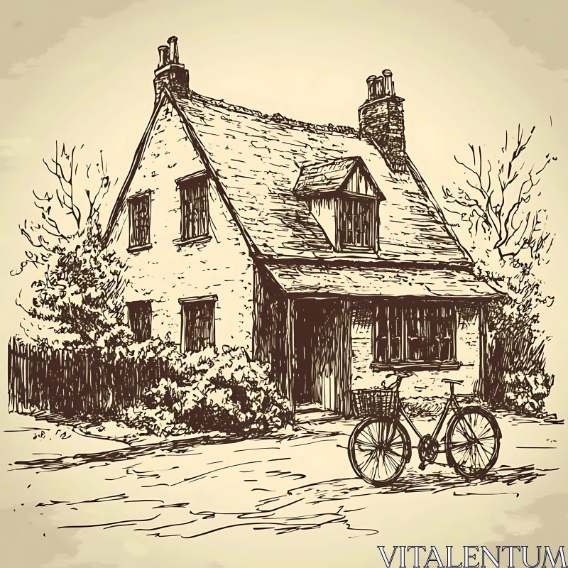 Nostalgic Cottage Drawing with Bicycle AI Image