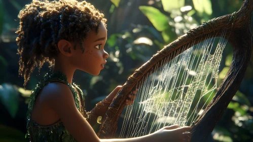 Child Playing Harp in Sunlit Forest