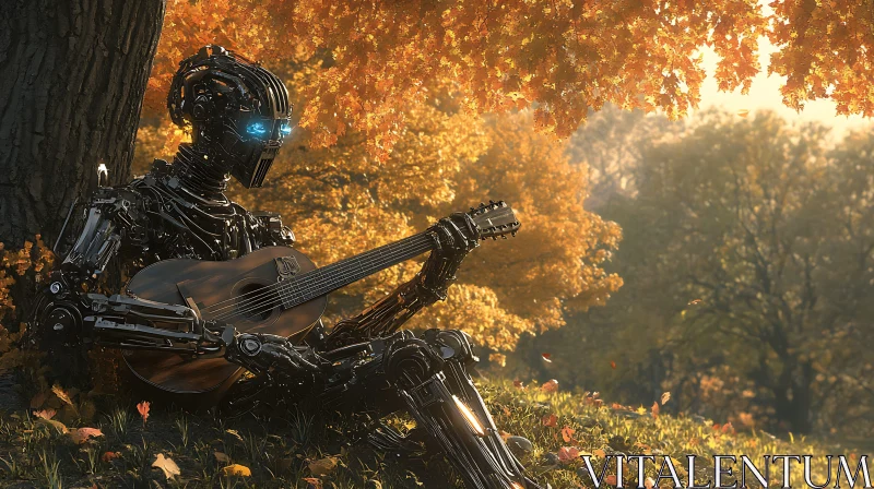 Cybernetic Musician in Fall Woods AI Image