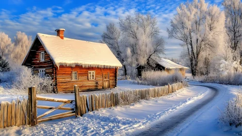 Snowy Wooden Cabin in Winter Wonderland