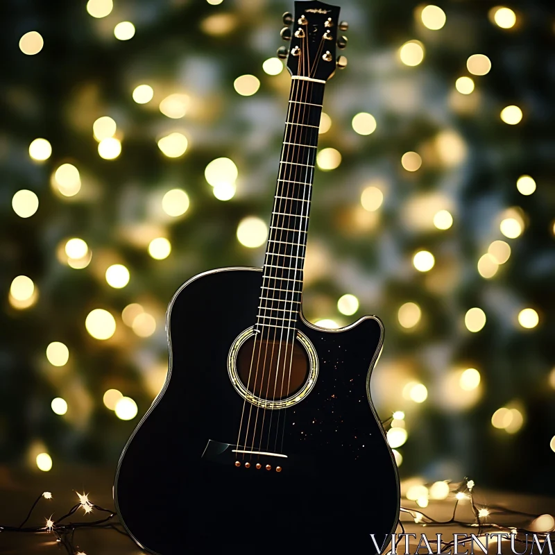 Black Guitar with Festive Bokeh Lights AI Image