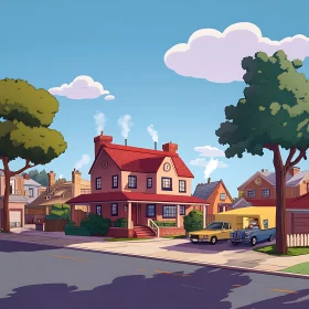 Animated Neighborhood Scene with Vibrant Red House