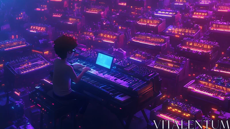 Neon Synthesizers and Character in Music Studio AI Image