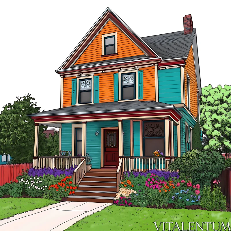 Colorful Victorian House Illustration AI Image