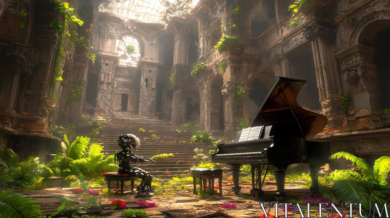 AI ART Mechanical Pianist: Harmony in Ruins