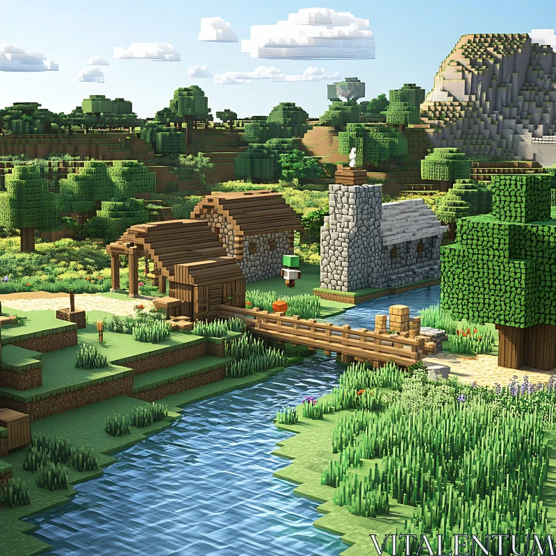 Virtual Village Landscape with River and Bridge AI Image