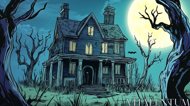 Eerie House Illustration With Full Moon AI Image