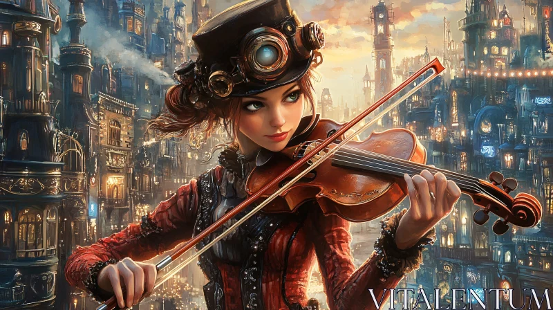 Steampunk Violin Player Amidst Industrial Fantasy City AI Image