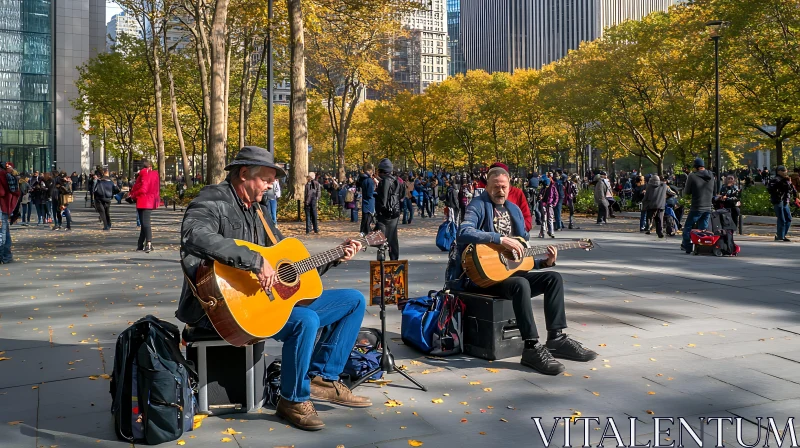 Public Performance by Guitarists in Autumn Park AI Image