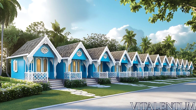 AI ART Blue Victorian Cottages in Tropical Paradise