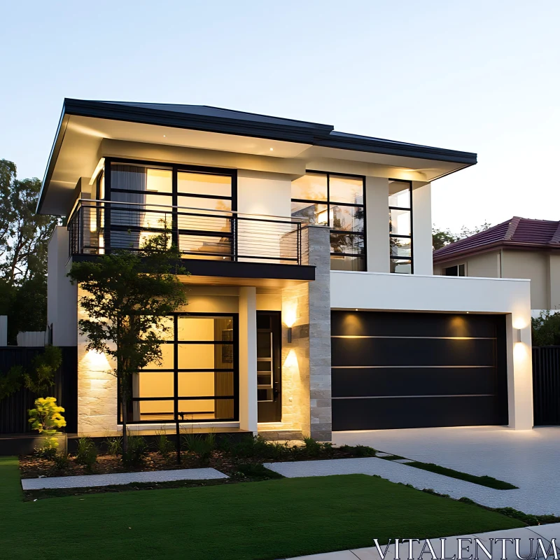 Contemporary Two-Story Home with Sleek Exterior and Glass Windows AI Image