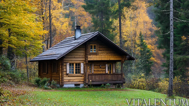 Cozy Autumn Cabin Amidst Trees AI Image