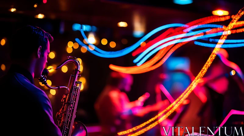 Jazz Concert Featuring Saxophonist with Neon Lights AI Image