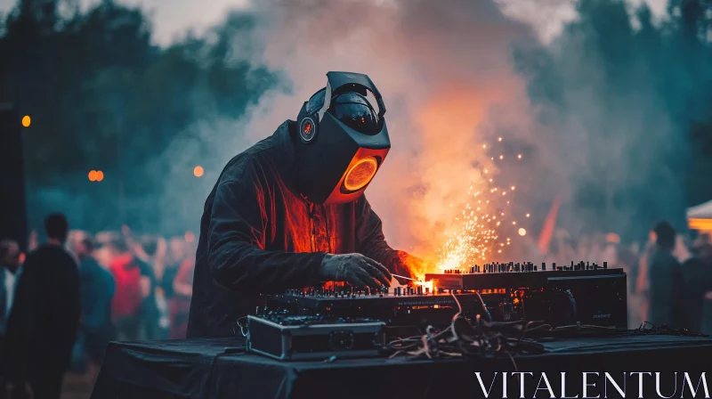 AI ART DJ with Futuristic Helmet and Sparks