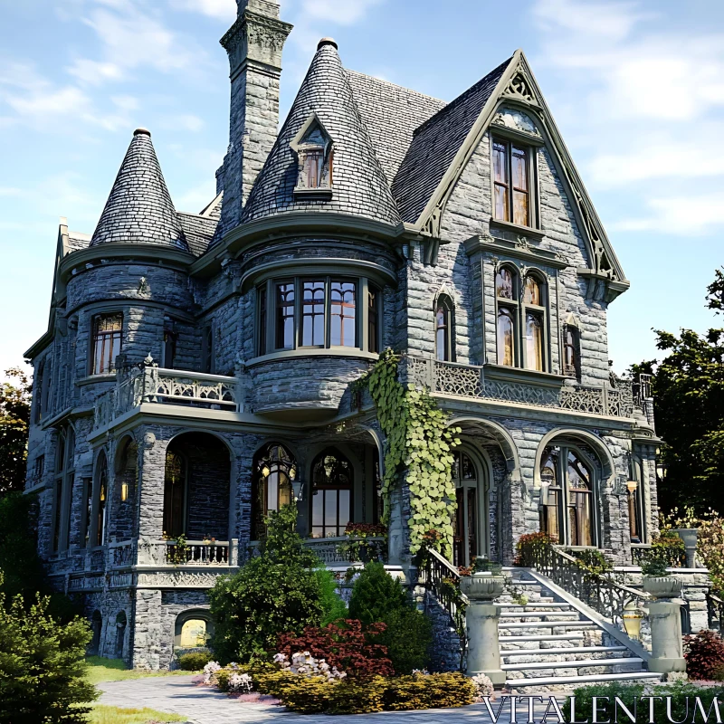 Victorian Stone Mansion with Turrets and Garden AI Image