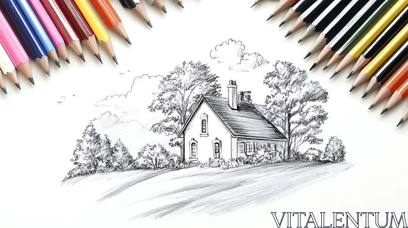 Elegant Countryside Drawing with Pencils AI Image