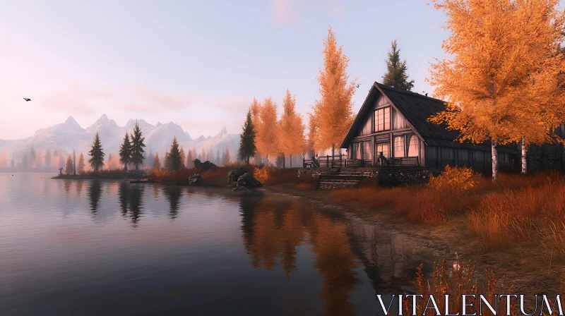 Tranquil Lakeside Cabin in Autumn AI Image