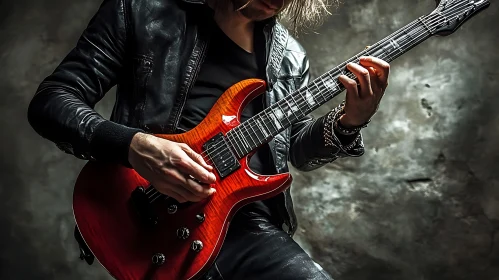 Musician with Red Electric Guitar in Action