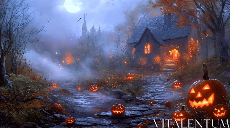 Mystical Night with Jack-o'-lanterns and Fog AI Image