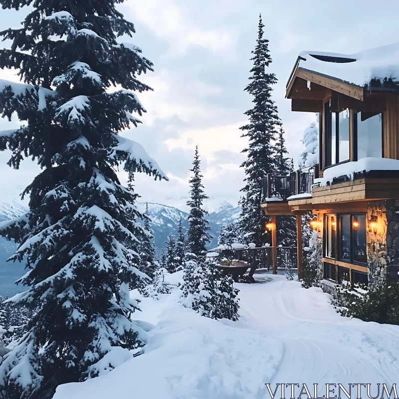 Cozy Wooden Cabin Amid Snow-Covered Pines AI Image