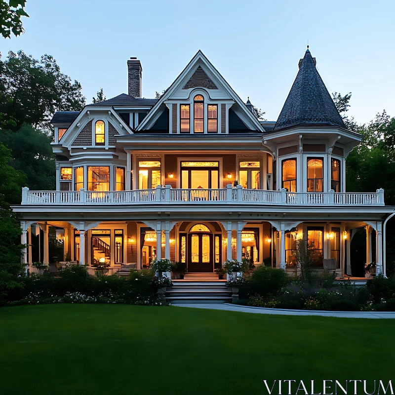 Luxurious Victorian House at Dusk AI Image