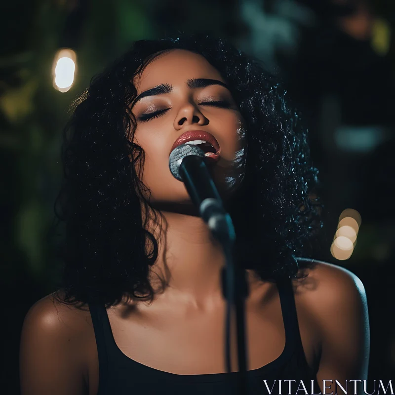 Emotional Woman Singing in Ambient Light AI Image