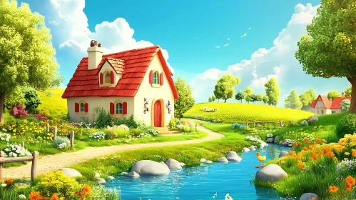 Idyllic Countryside Scene with Cottage and Stream