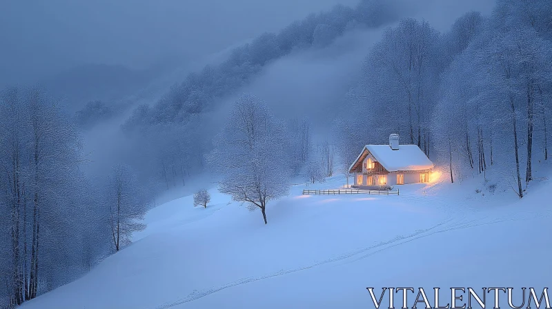 Peaceful Snowy Cabin in Wintery Mountain Forest AI Image