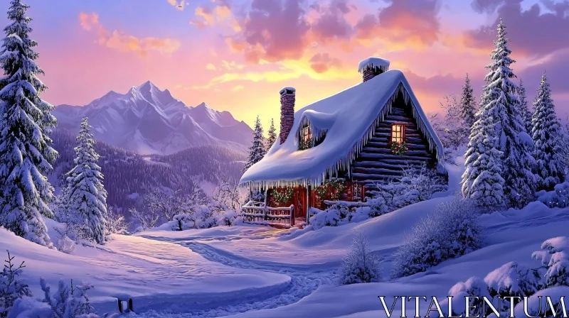 AI ART Snowy Cabin at Sunset in Winter Wonderland