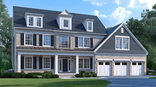 Modern Colonial Brick House with Dormer Windows and Garage