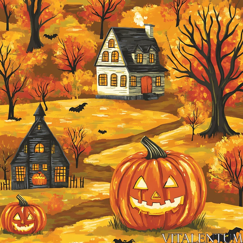 Halloween Landscape with Jack-o'-Lanterns and Fall Colors AI Image