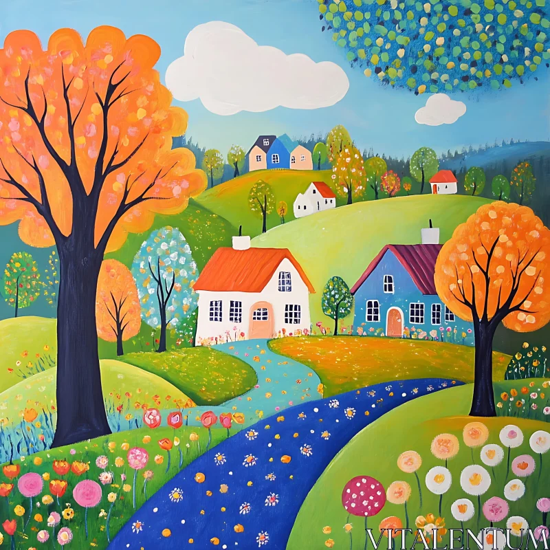 AI ART Vivid Countryside Scene with Houses and Flowers