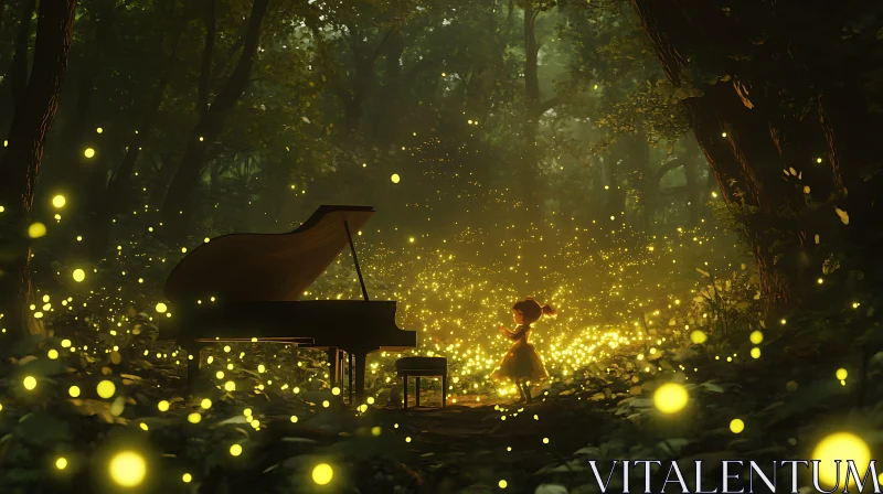 Enchanted Forest with Piano and Glowing Fireflies AI Image