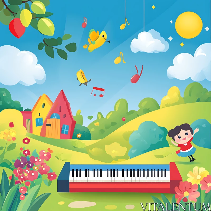 Musical Cartoon Landscape with Playful Child and Piano AI Image