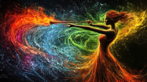 Woman Trumpet Player in Colorful Abstract Fire Art