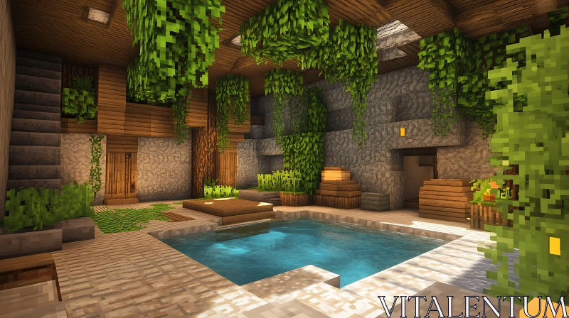 Serene Minecraft Indoor Pool with Greenery and Wooden Features AI Image