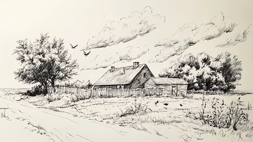 Rural House Sketch in Black and White