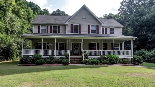 Charming Two-Story House with Red Shutters and Porch