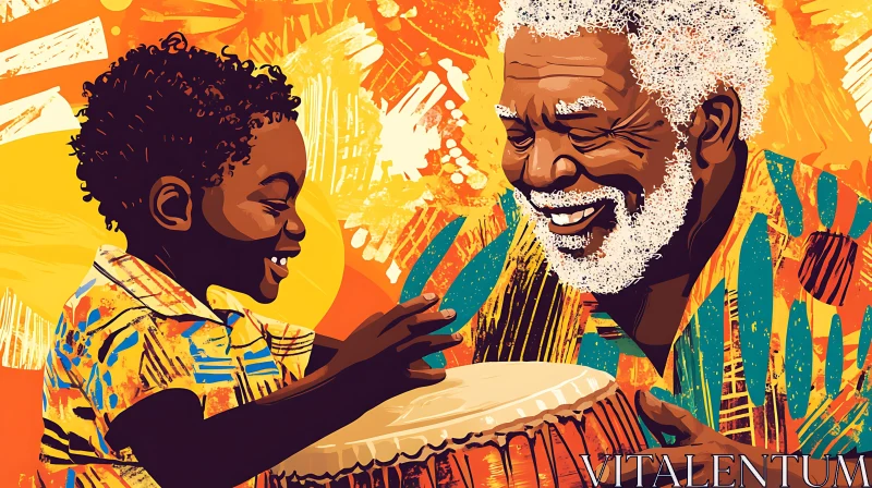 Generational Joy - Grandfather and Child Drumming Art AI Image