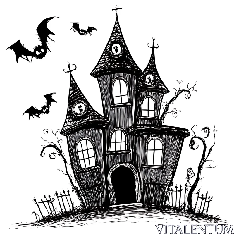 AI ART Gothic Haunted House and Bats Sketch