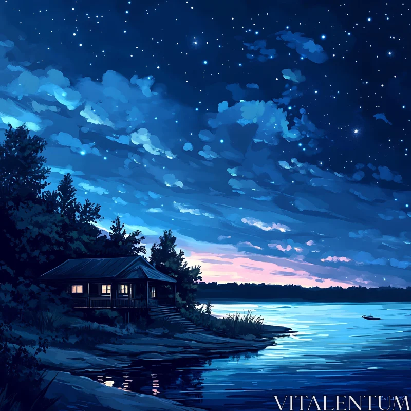 Serene Lake and Cabin Nightscape Under Starry Sky AI Image