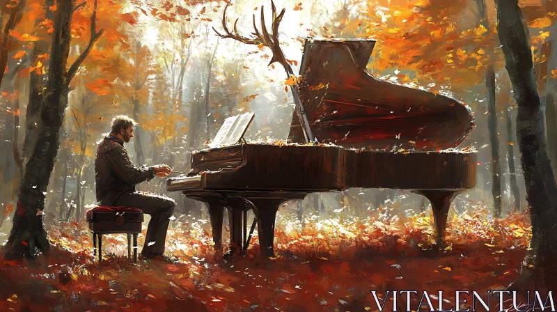 Musician Playing Piano in Autumn Forest