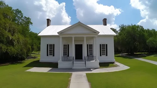 Elegant House with Columns and Green Lawn