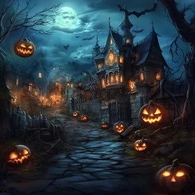 Spooky Halloween Night with Haunted House and Pumpkins