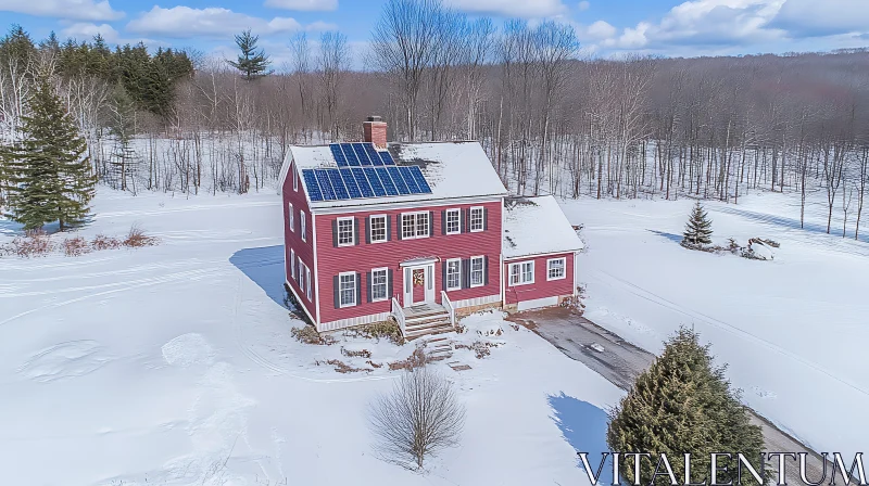 Snow-Covered Red House with Solar Panels AI Image