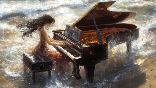 Ethereal Woman and Piano Amidst Ocean Waves