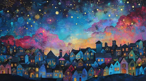 Vibrant Night Scene with Illuminated Houses and Starry Sky
