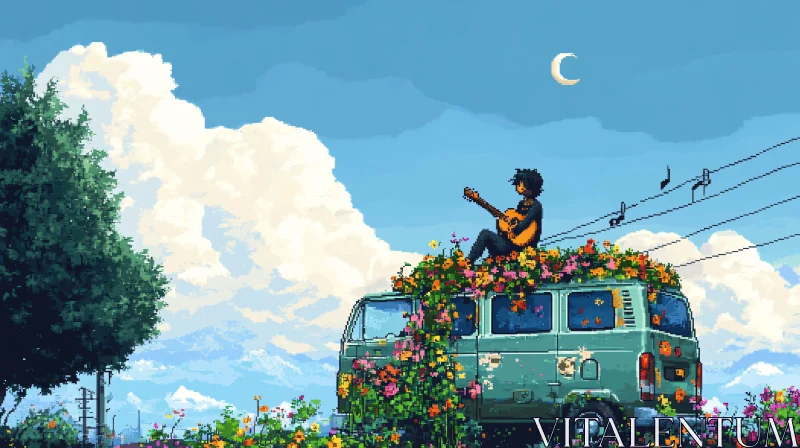 Guitarist on Van Surrounded by Flowers in Nature