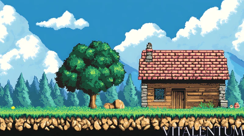 Log Cabin in Green Forest - Pixel Illustration