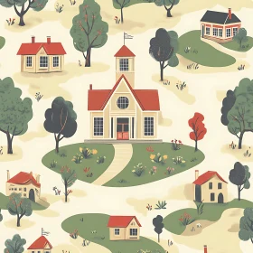 Charming Village Scene with Schoolhouse and Houses